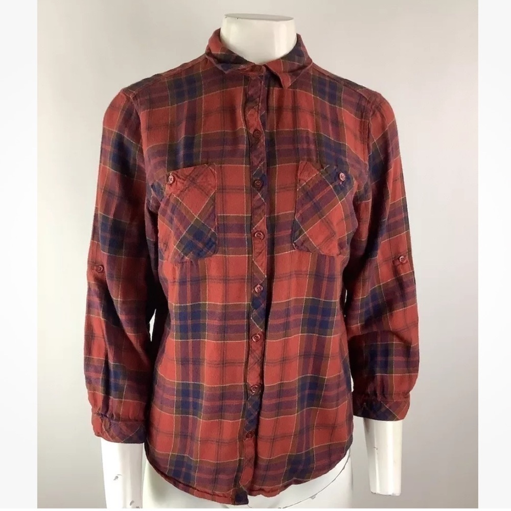 Anthropologie Sz M Red Plaid Button Top 3/4 Sleeve Casual Holiday Look